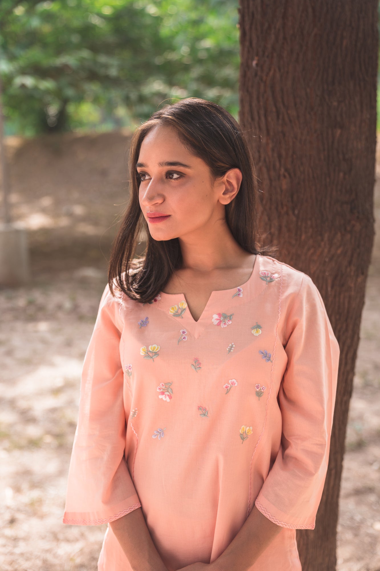 Peach Kurta Set with Embroidered Floral Petals