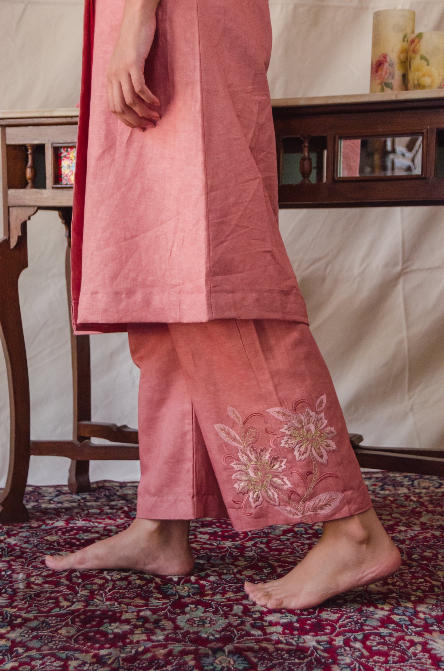 Onion Pink Double-Breasted Kurta Set with Embroidered Pants
