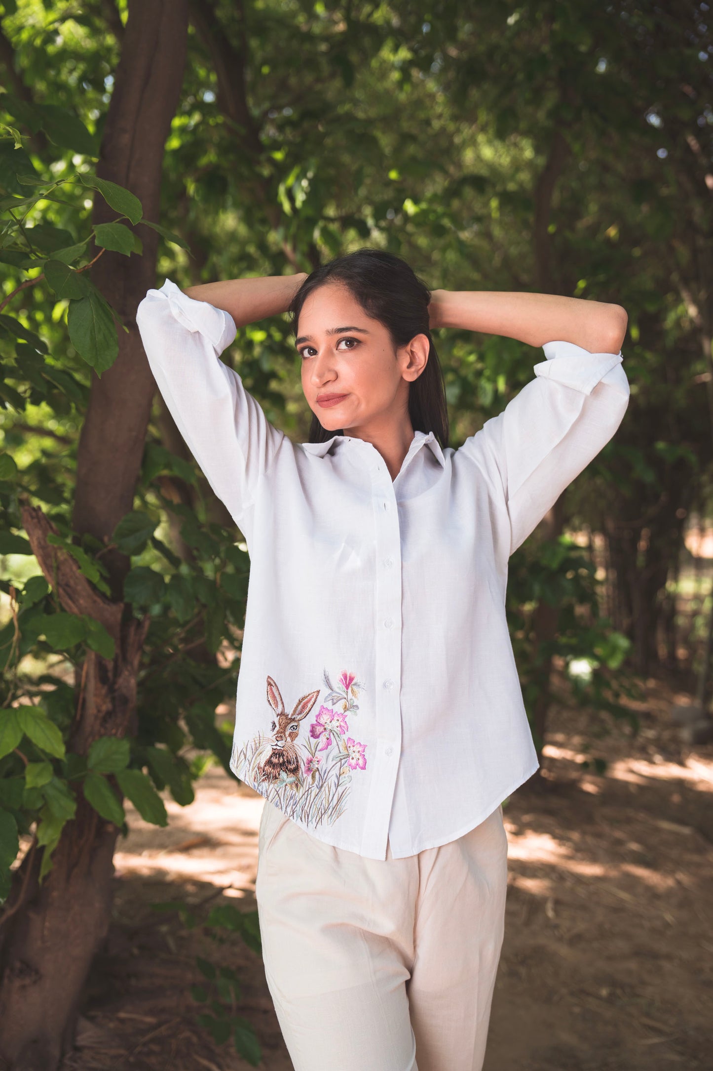 White Shirt with Embroidered Rabbit