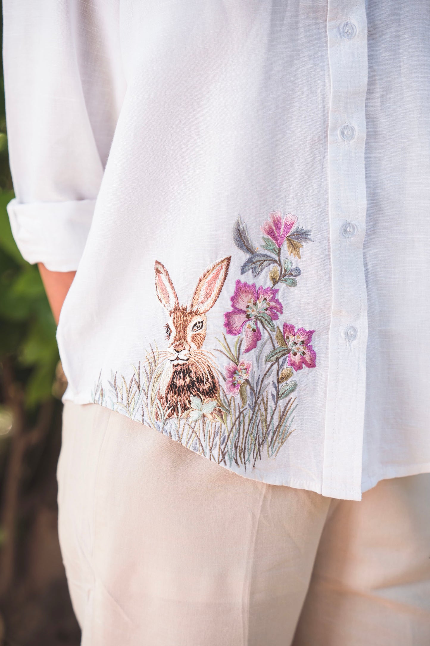 White Shirt with Embroidered Rabbit
