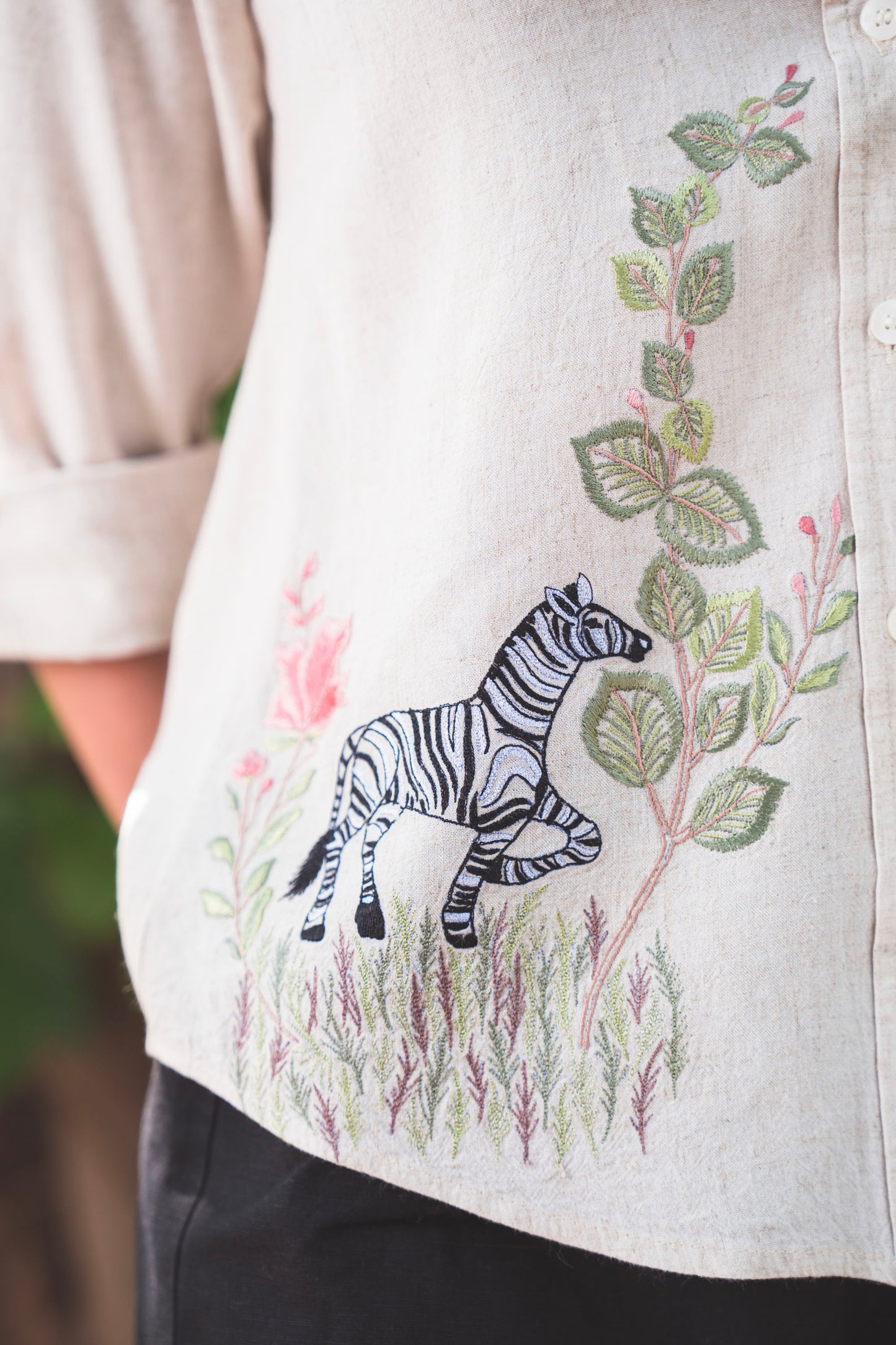 Beige Shirt with Embroidered Zebra