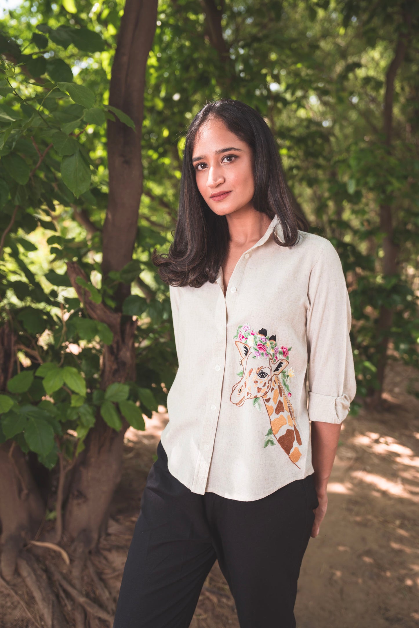 Beige Shirt with Embroidered Giraffe