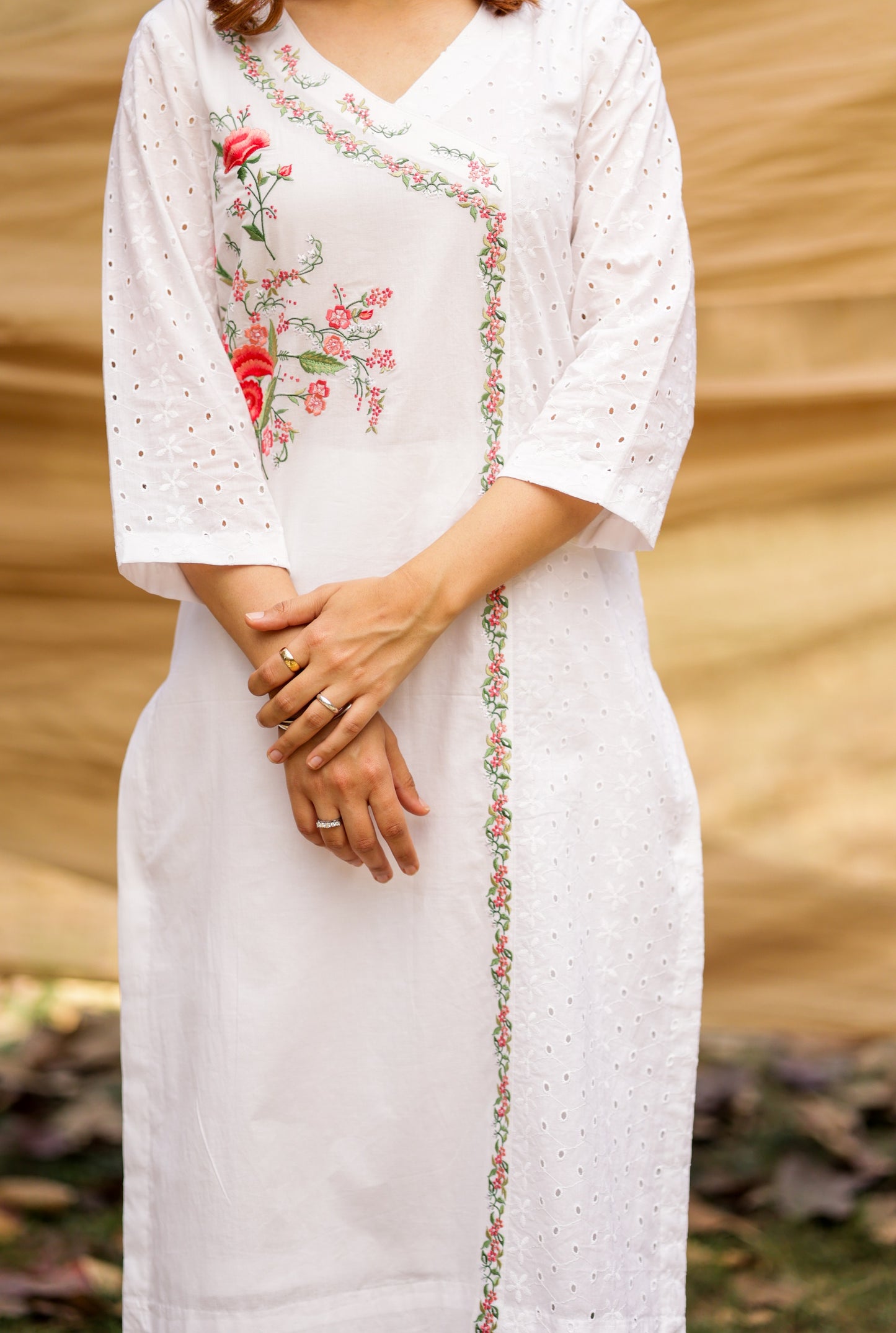 White Chikan Kurta Set with Red floral embroidery