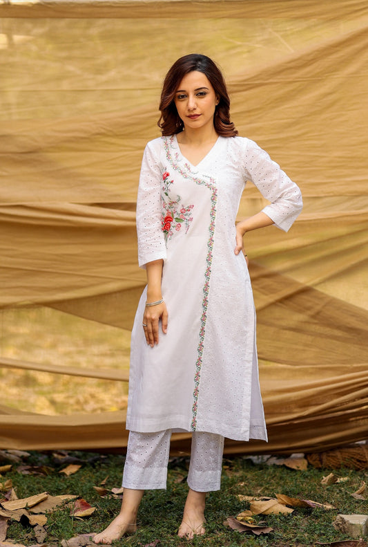 White Chikan Kurta Set with Red floral embroidery