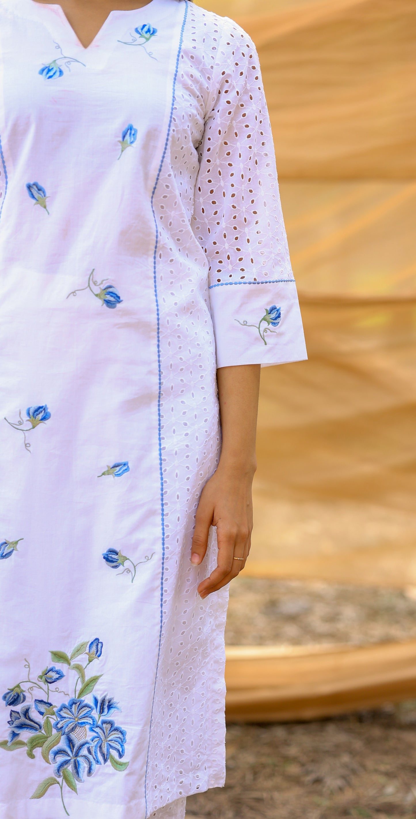 White Chikan Kurta Set with Blue floral embroidery