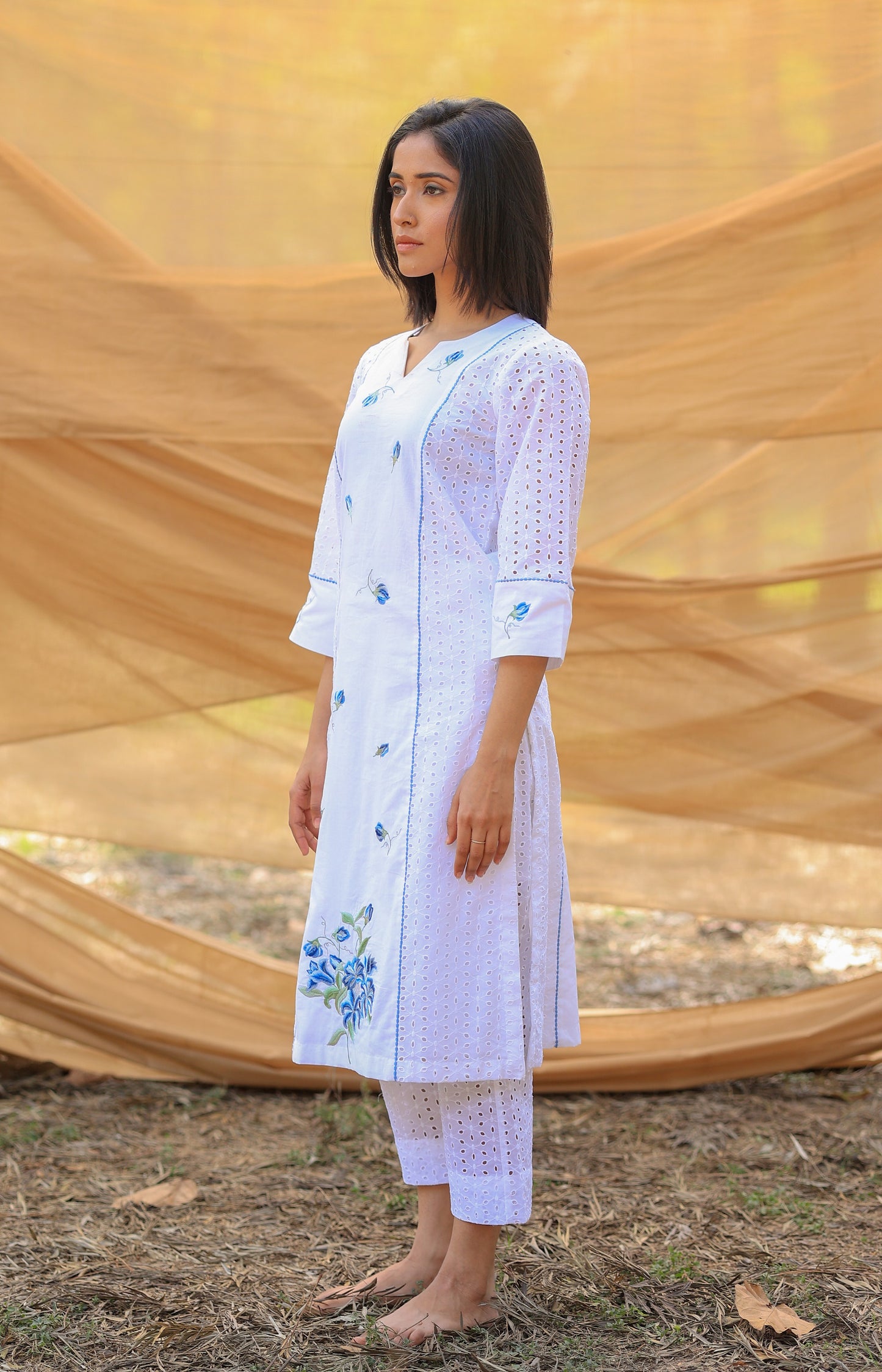 White Chikan Kurta Set with Blue floral embroidery