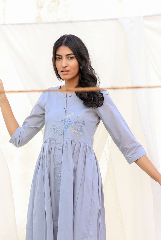 Long Pleated Kurta Set in Cool Grey