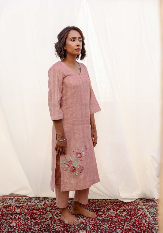 Self-woven Cotton Kurta Set in Rose Dawn
