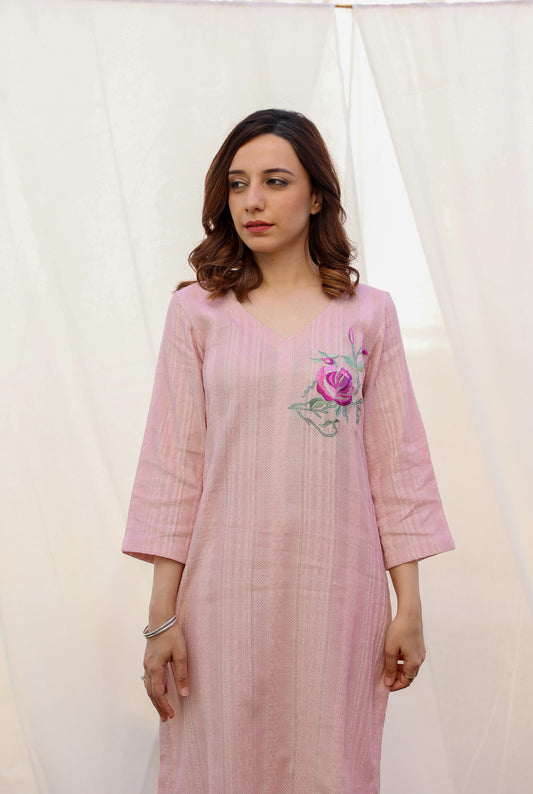 Self-woven cotton Kurta Set in Powder Pink