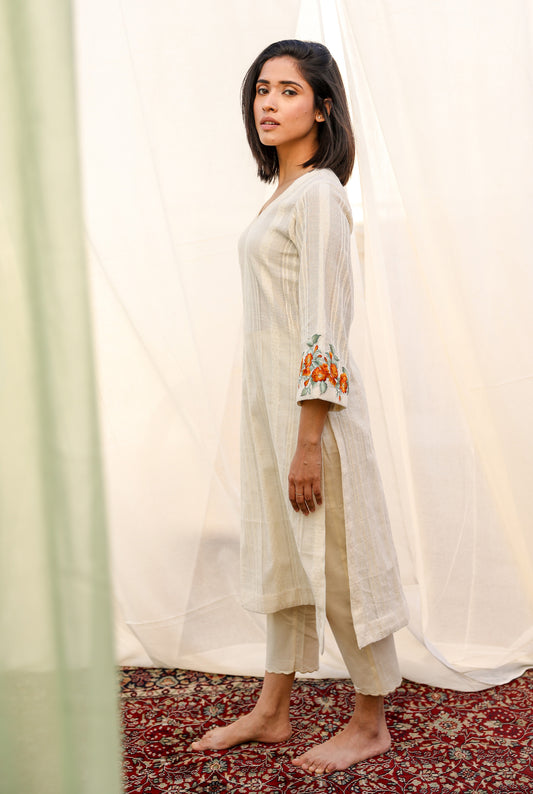 Self-woven Cotton Kurta Set in Cream
