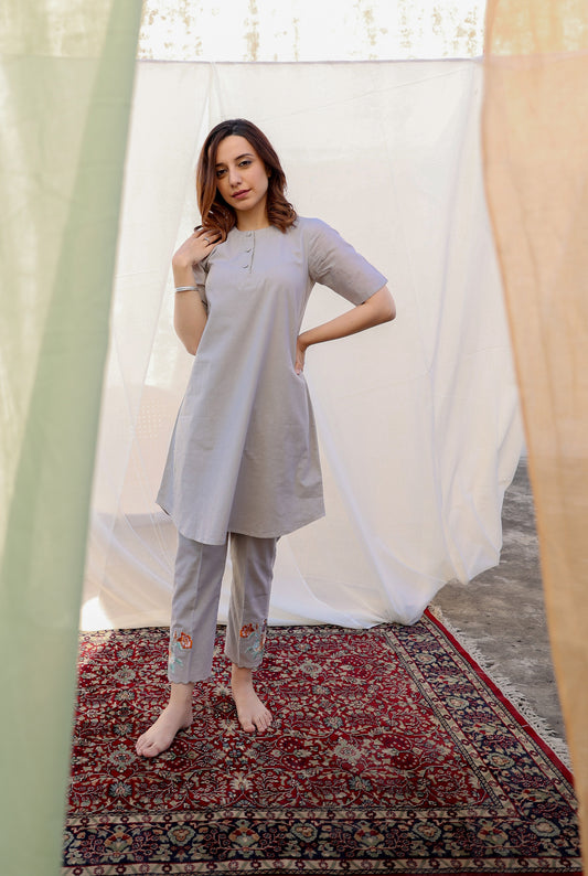 Dust Grey Kurta Set with Embroidered Pants