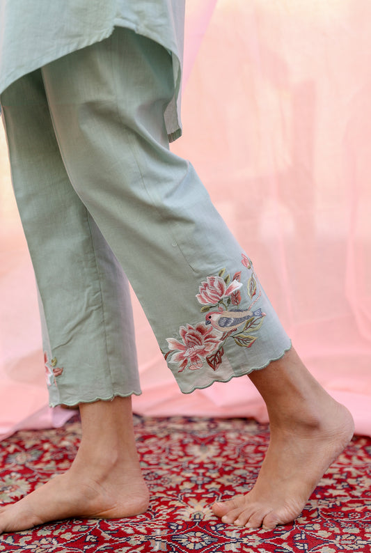 Embroidered Pants in Sea Green