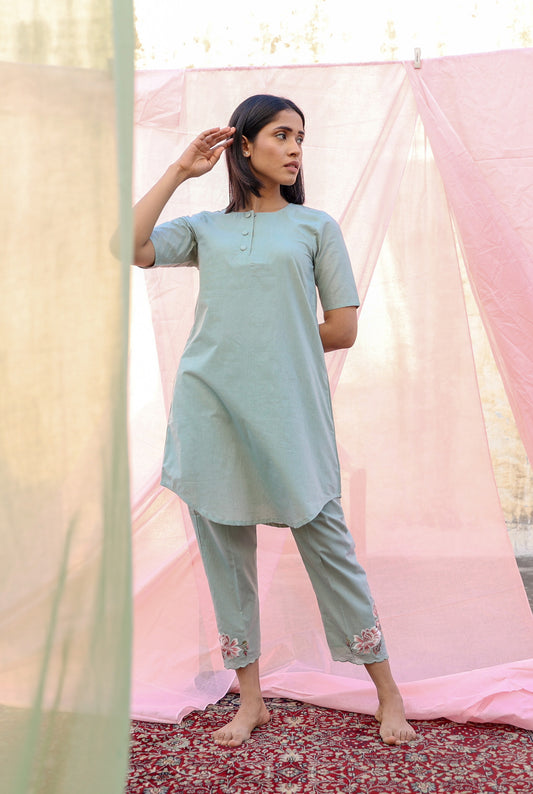 Sea Green Kurta Set with Embroidered Pants