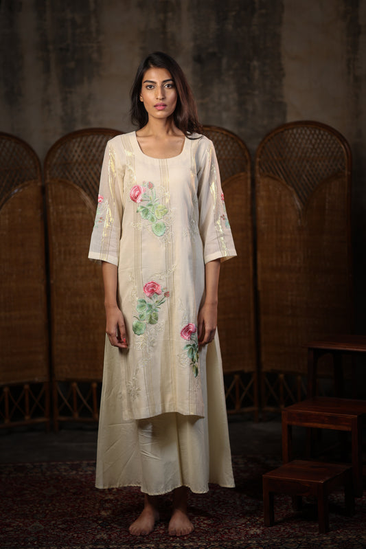 Cream and Gold Kurta Set with Floral Embroidery