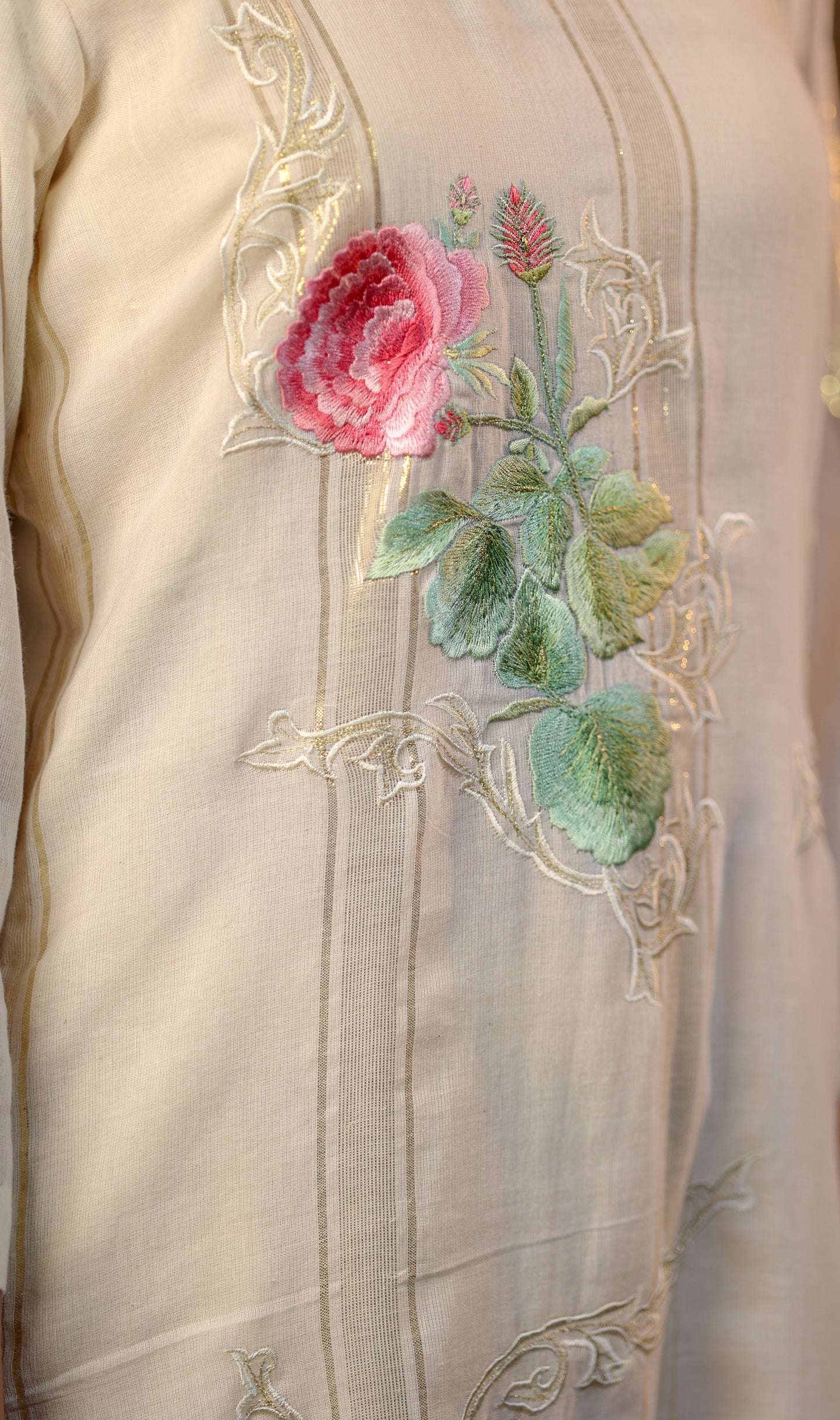 Cream and Gold Kurta Set with Floral Embroidery