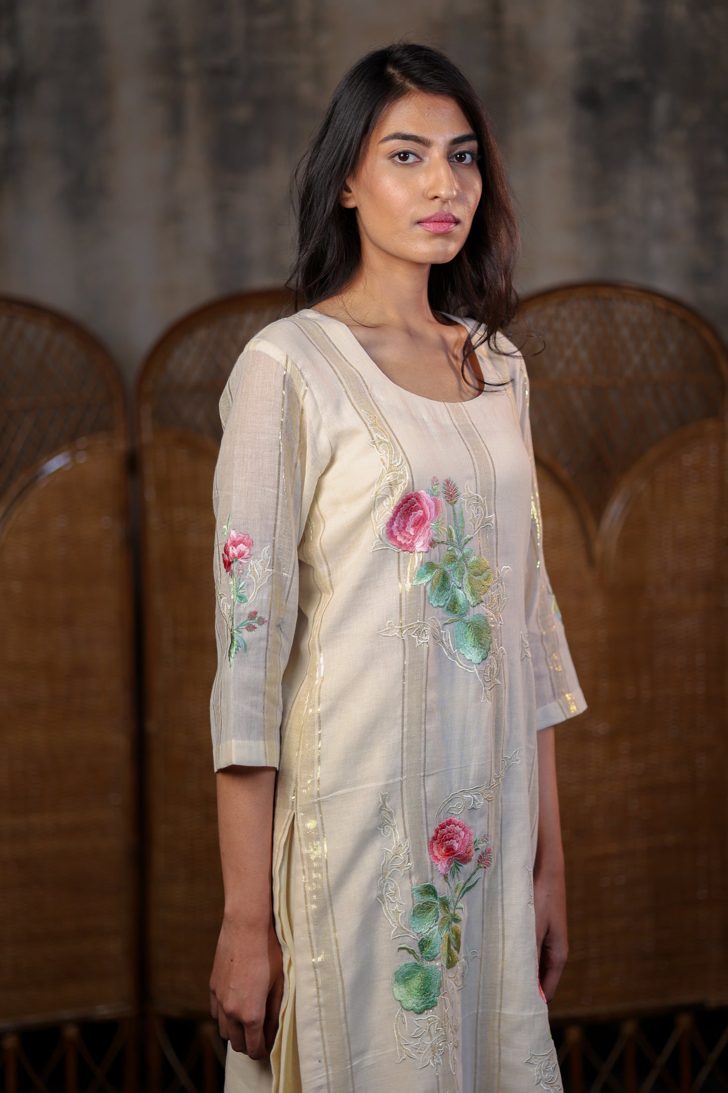 Cream and Gold Kurta Set with Floral Embroidery