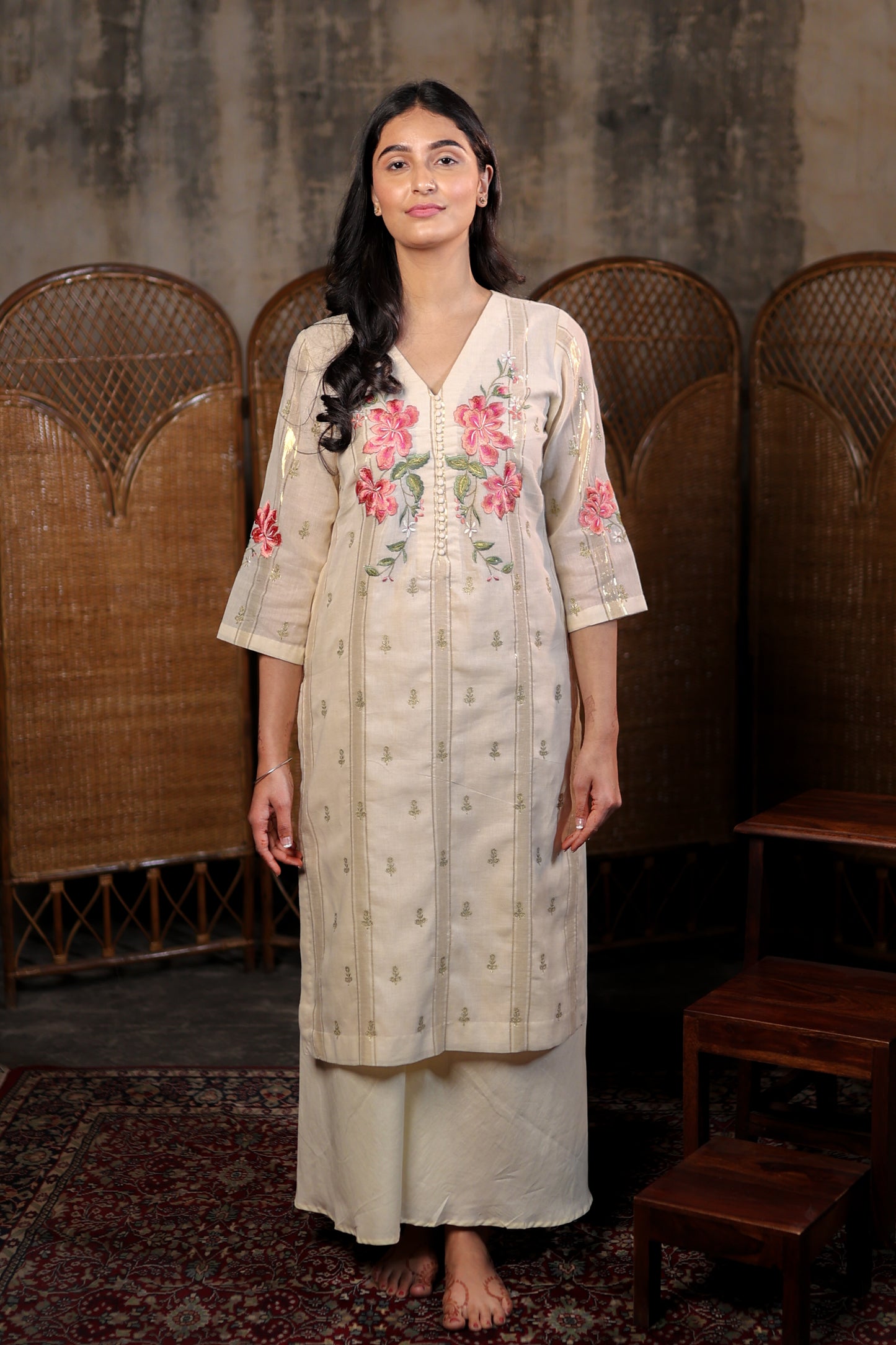 Cream and Gold Kurta Set with Embroidered Yoke