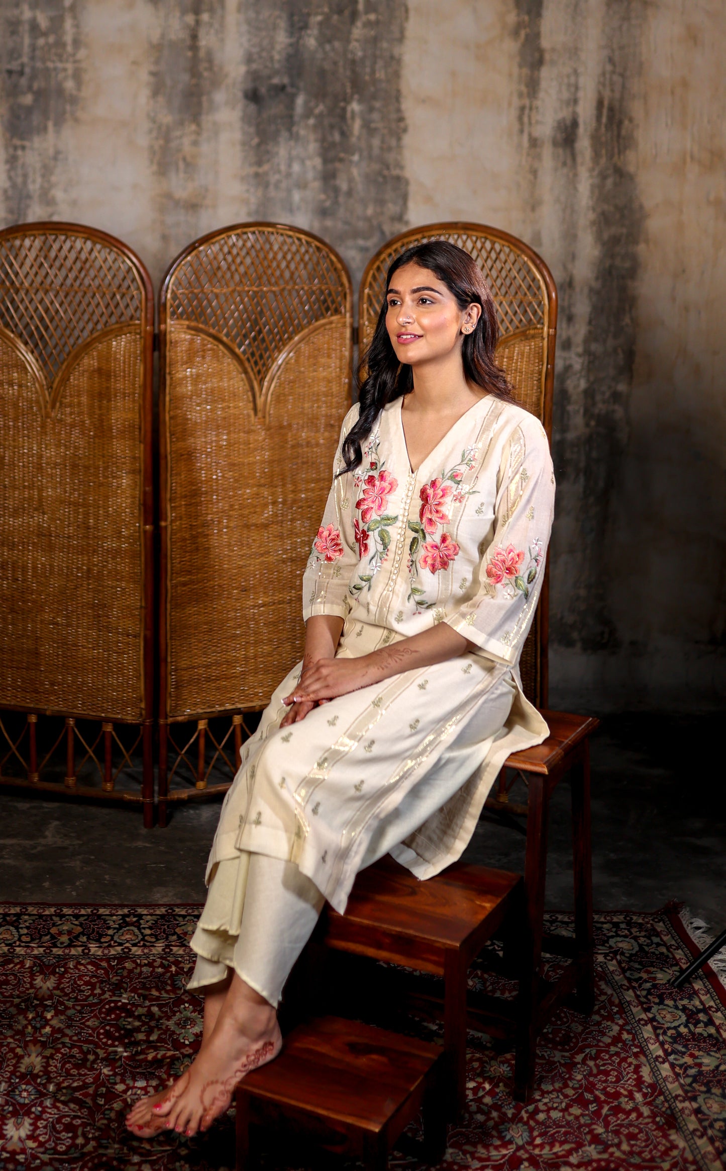 Cream and Gold Kurta Set with Embroidered Yoke