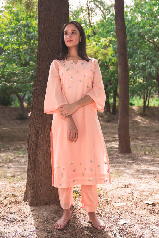 Peach Kurta Set with Embroidered Floral Petals