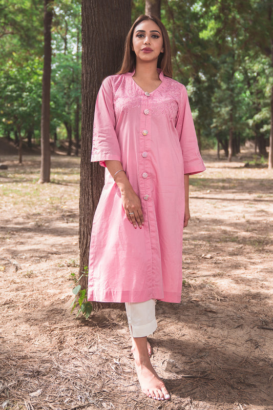 Peony Pink Kurta Set with Embroidered Buttons