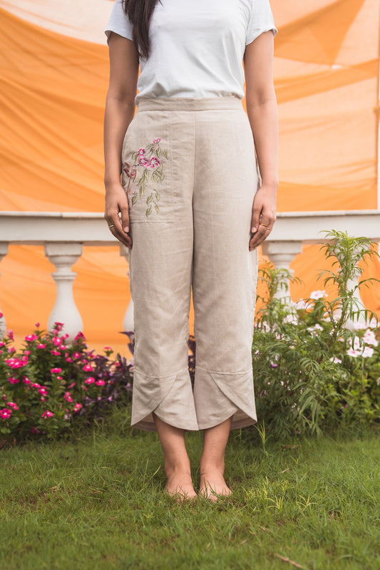 Beige Linen Pants with Embroidered Pocket.