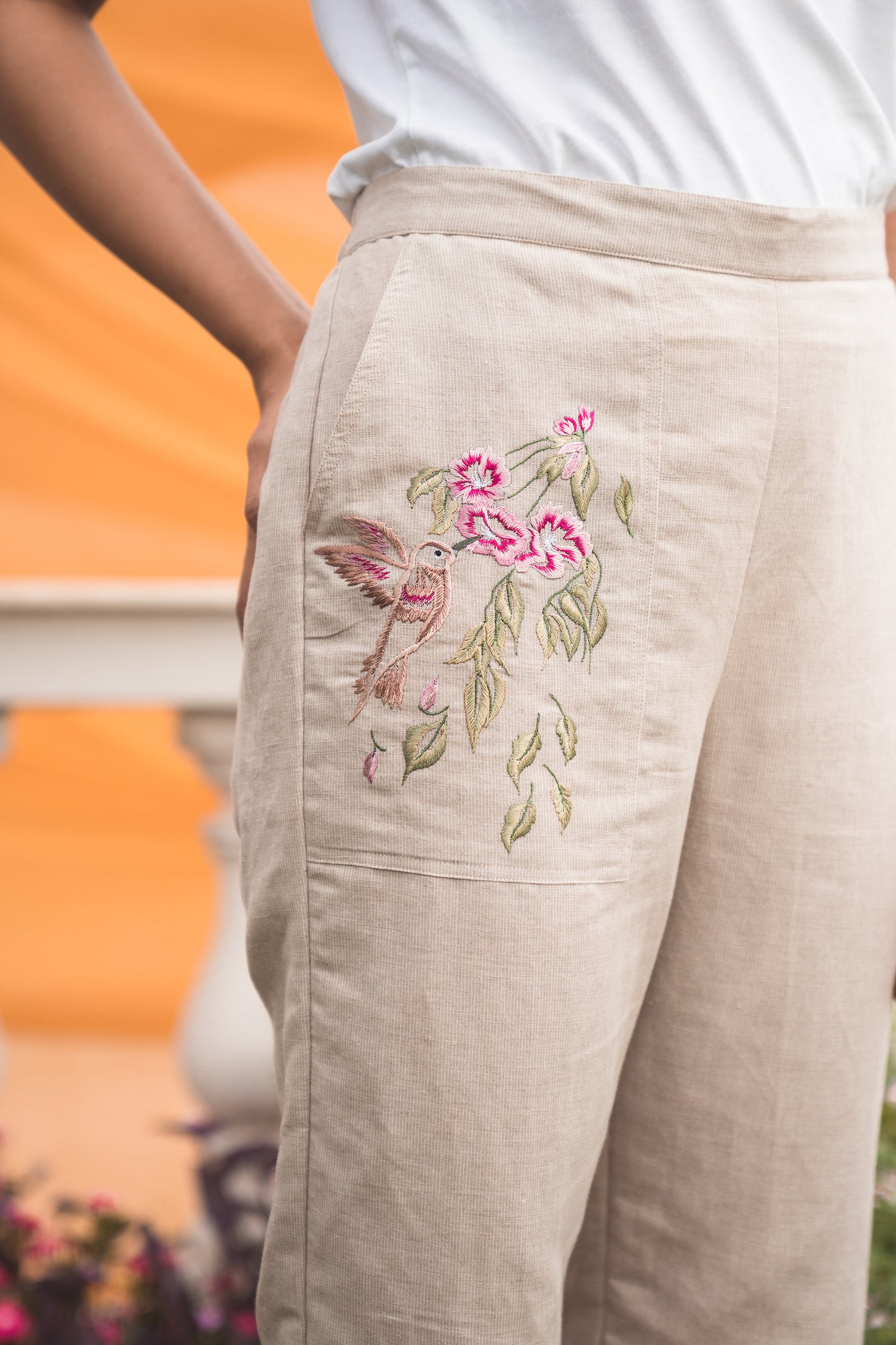 Beige Linen Pants with Embroidered Pocket.