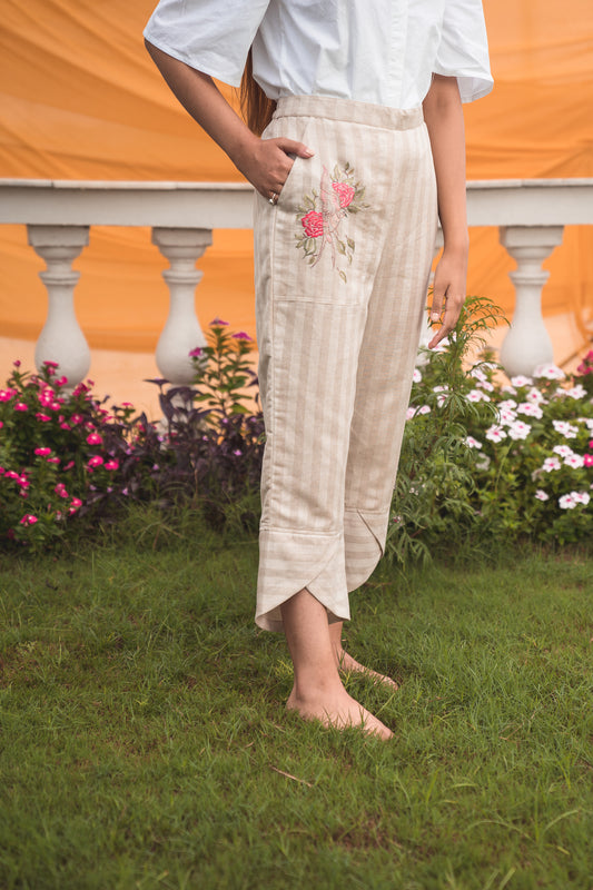 Striped Linen Pants with Embroidered Pocket