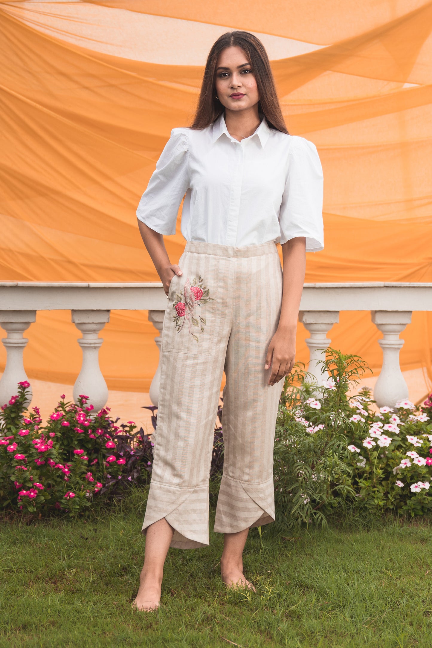 Striped Linen Pants with Embroidered Pocket