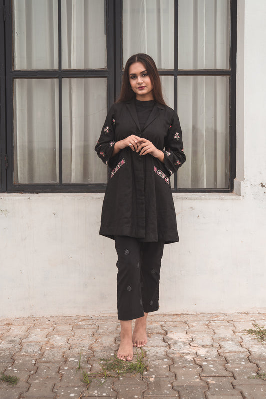 Black Overlay Kurta Set with Embroidered Sleeves