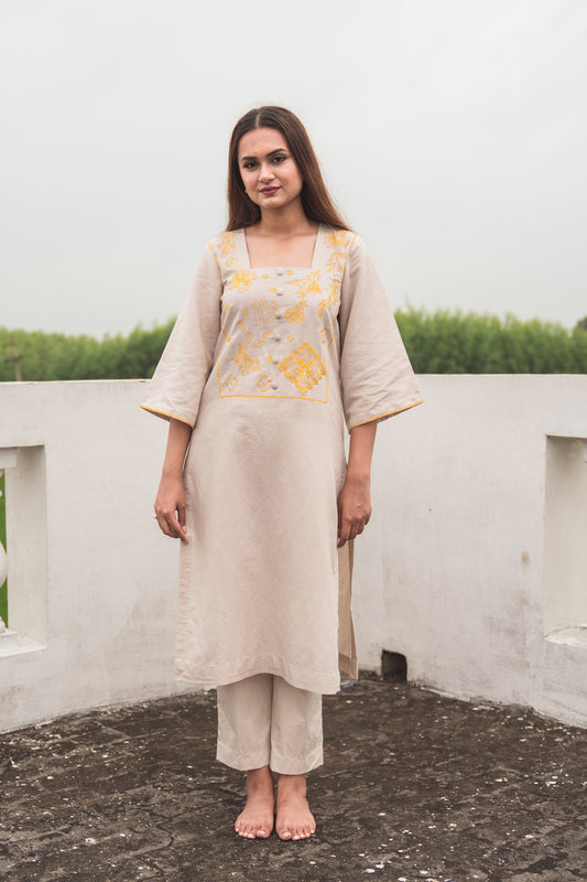 Beige Kurta Set with Embroidered Yoke in Yellow