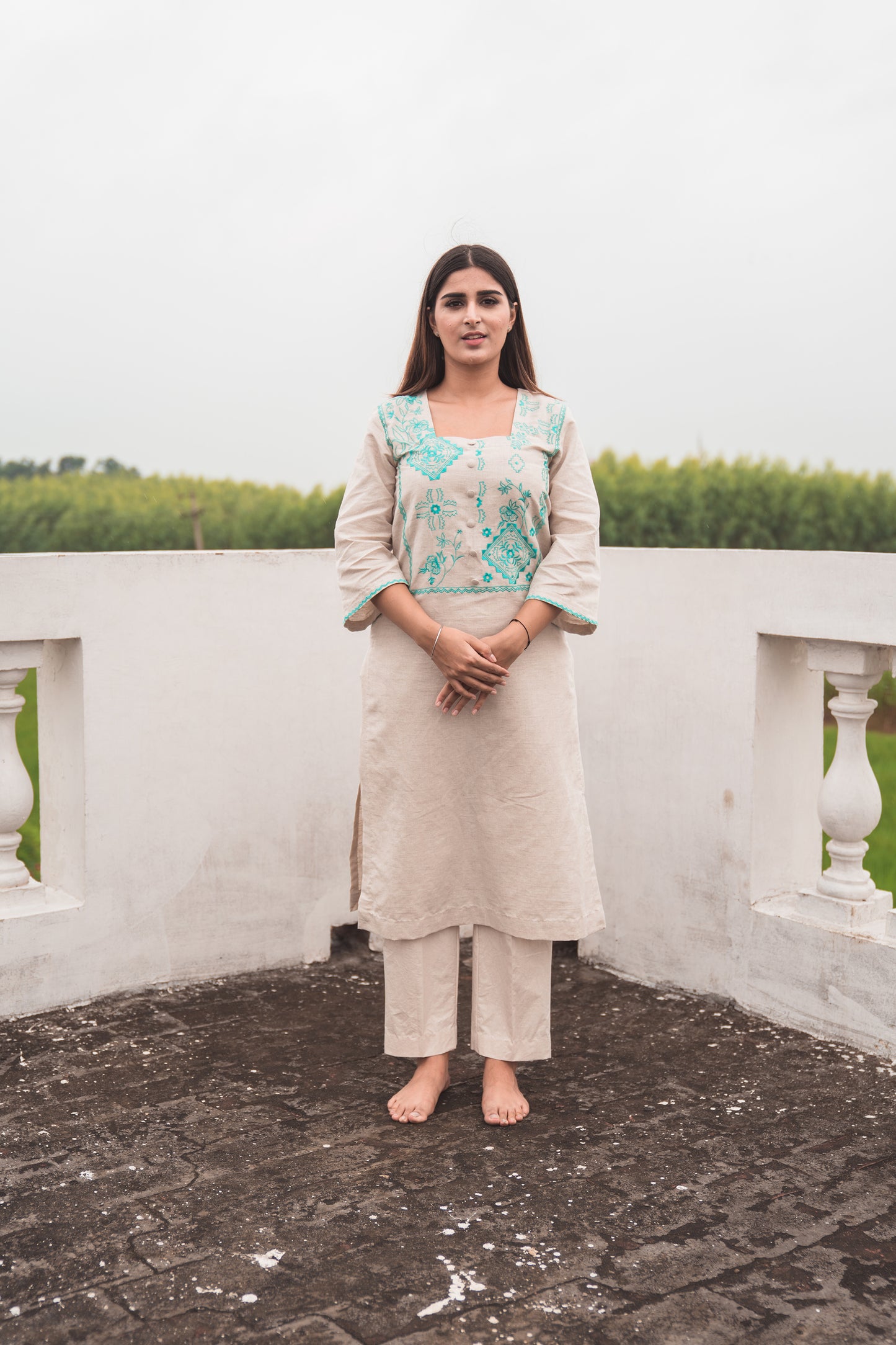 Beige Kurta Set with Embroidered Yoke in Aquamarine