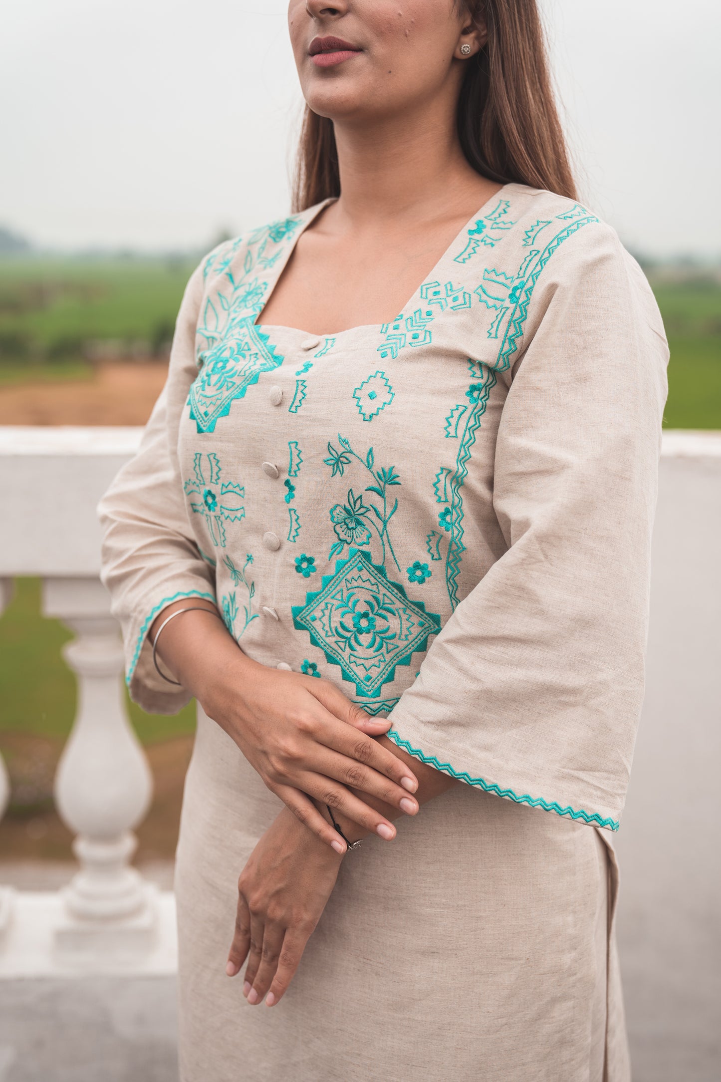 Beige Kurta Set with Embroidered Yoke in Aquamarine