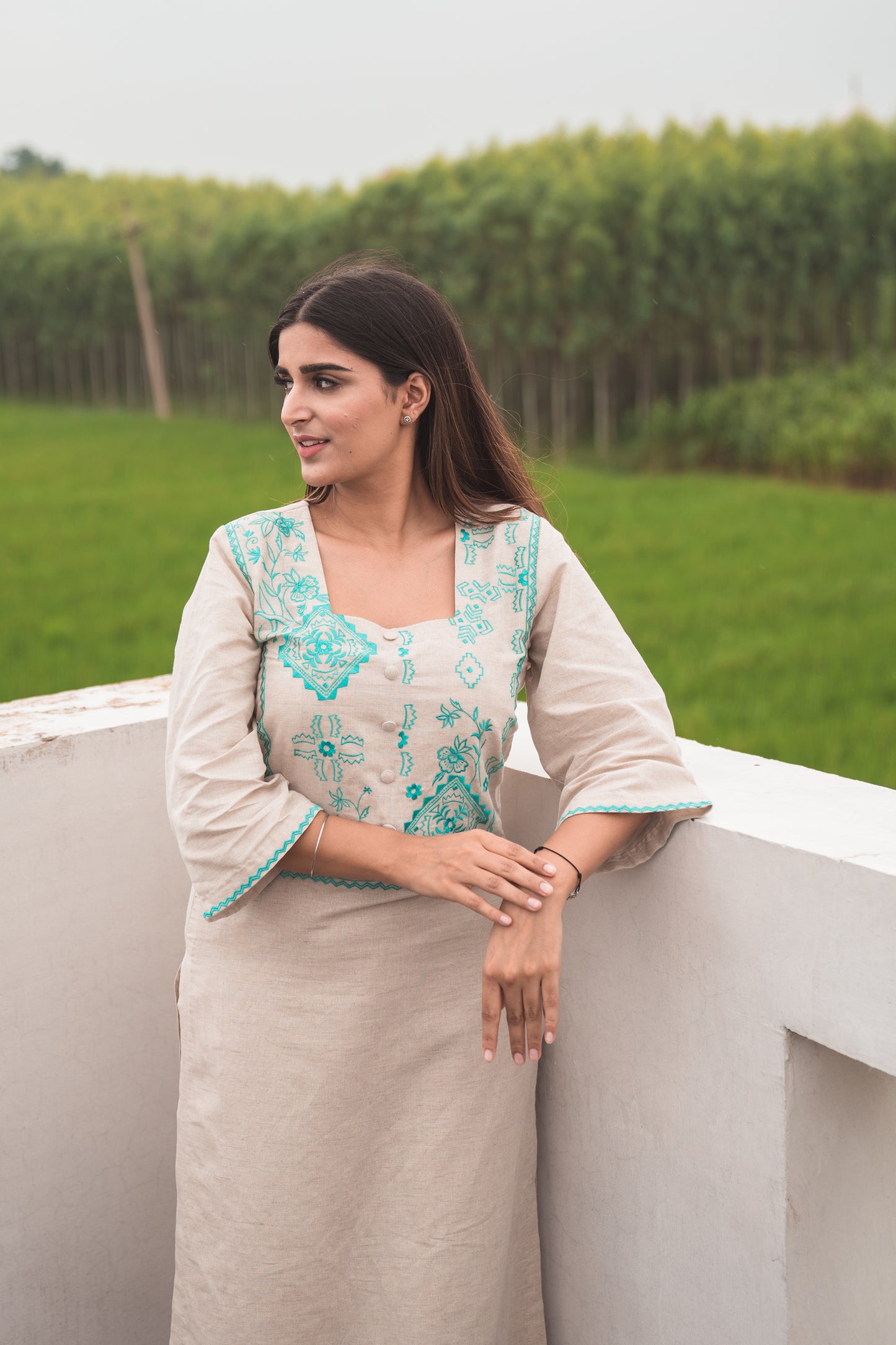 Beige Kurta Set with Embroidered Yoke in Aquamarine