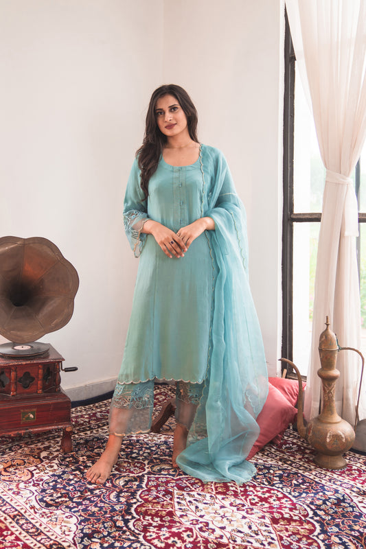 Crepe Kurta Set with Embroidered Pants in Teal