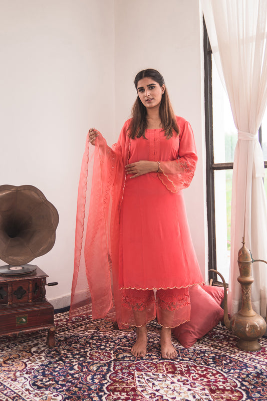 Crepe Kurta Set with Embroidered Pants in Coral