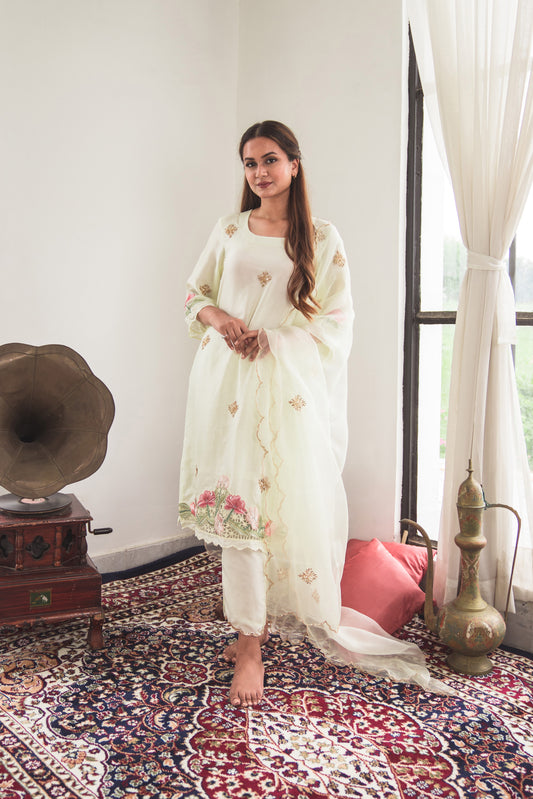 Silk Kurta Set with Cut-Work Embroidery in Soft Lemon