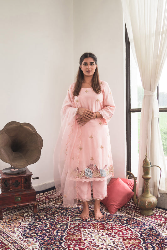 Silk Kurta Set with Cut-Work Embroidery in Pale Pink