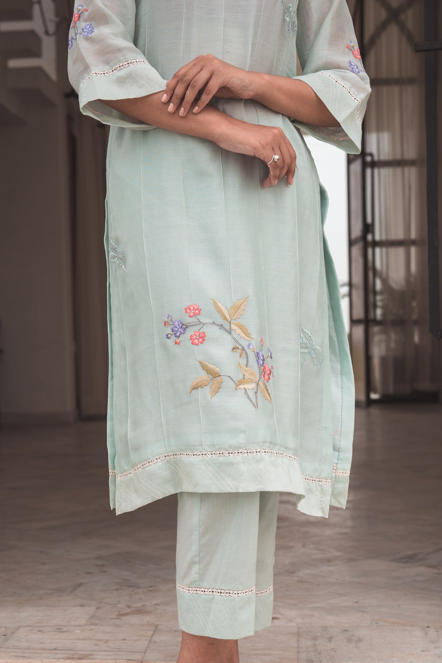 Soft Aqua Embroidered Kurta Set in Chanderi Silk