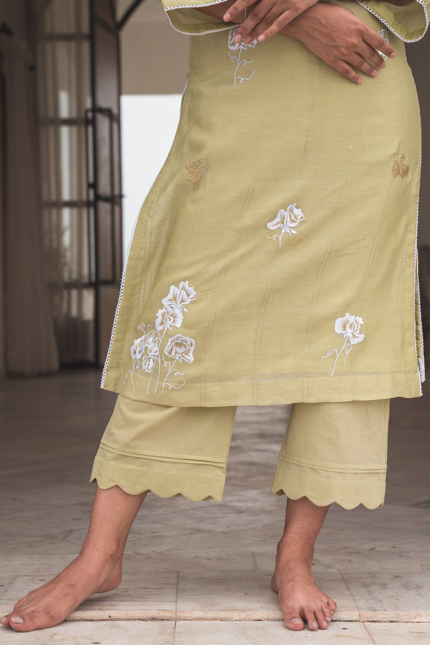 Green Chanderi Kurta Set with White and Gold Embroidery