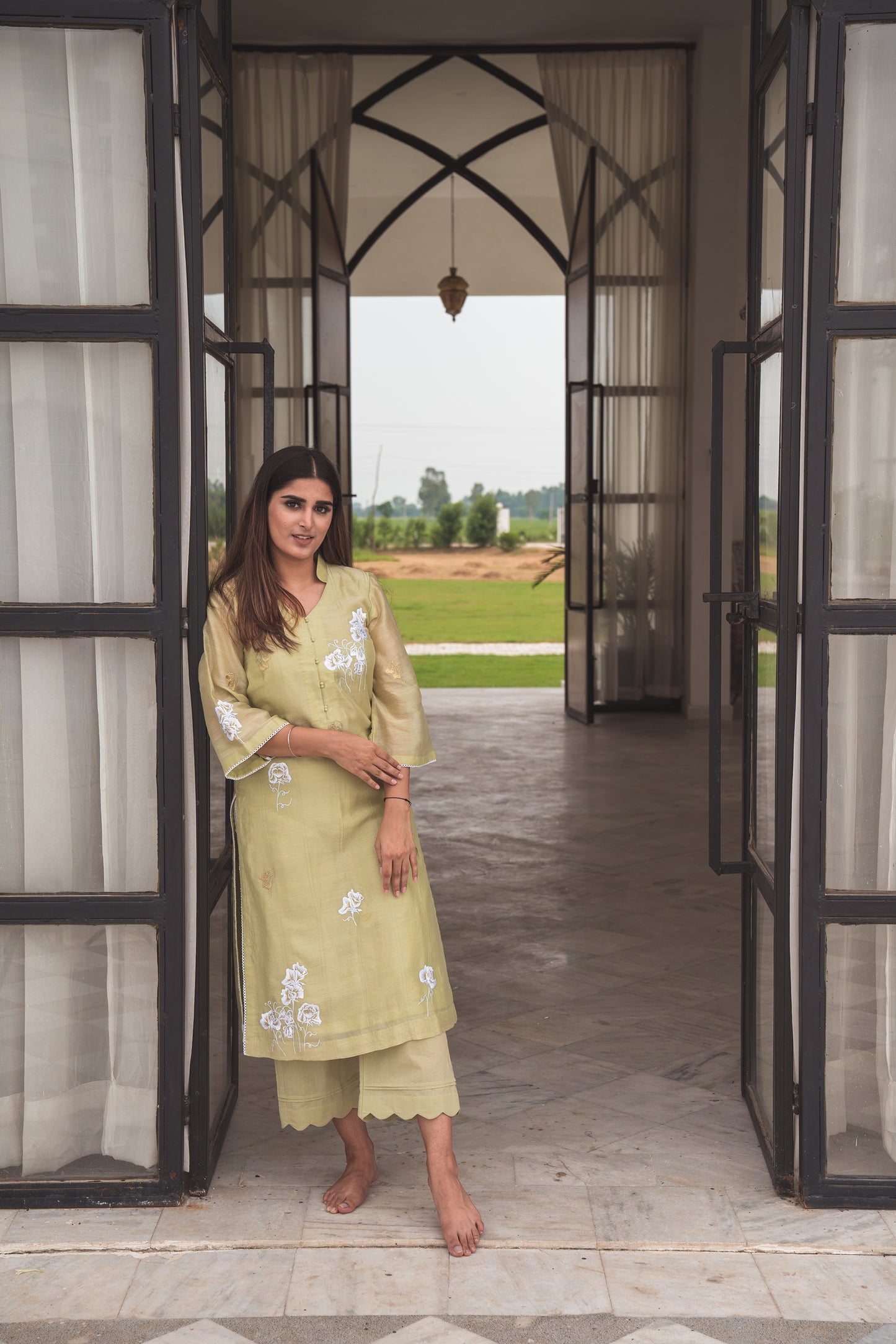 Green Chanderi Kurta Set with White and Gold Embroidery