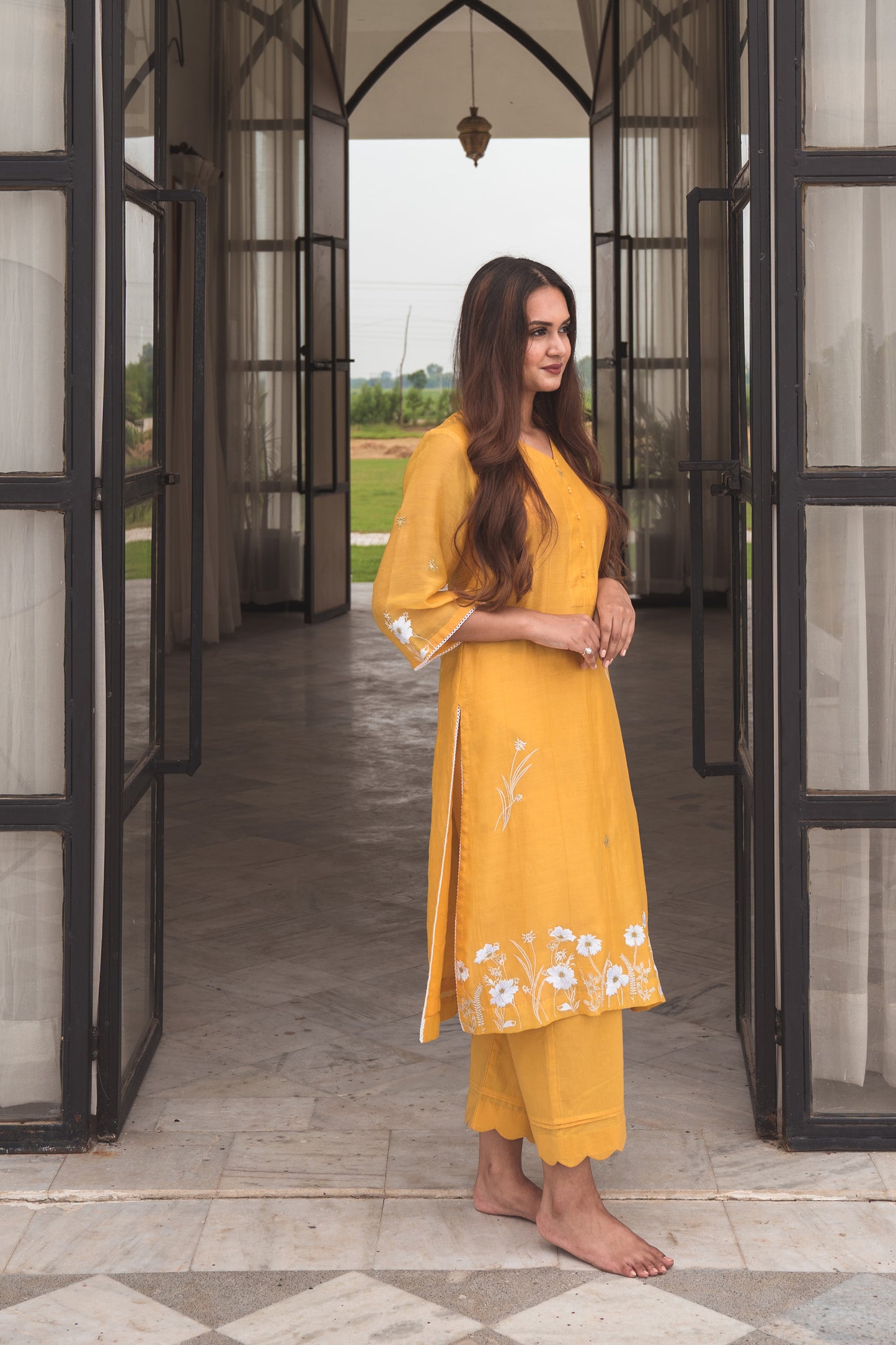 Yellow Chanderi Kurta Set with White and Gold Embroidery
