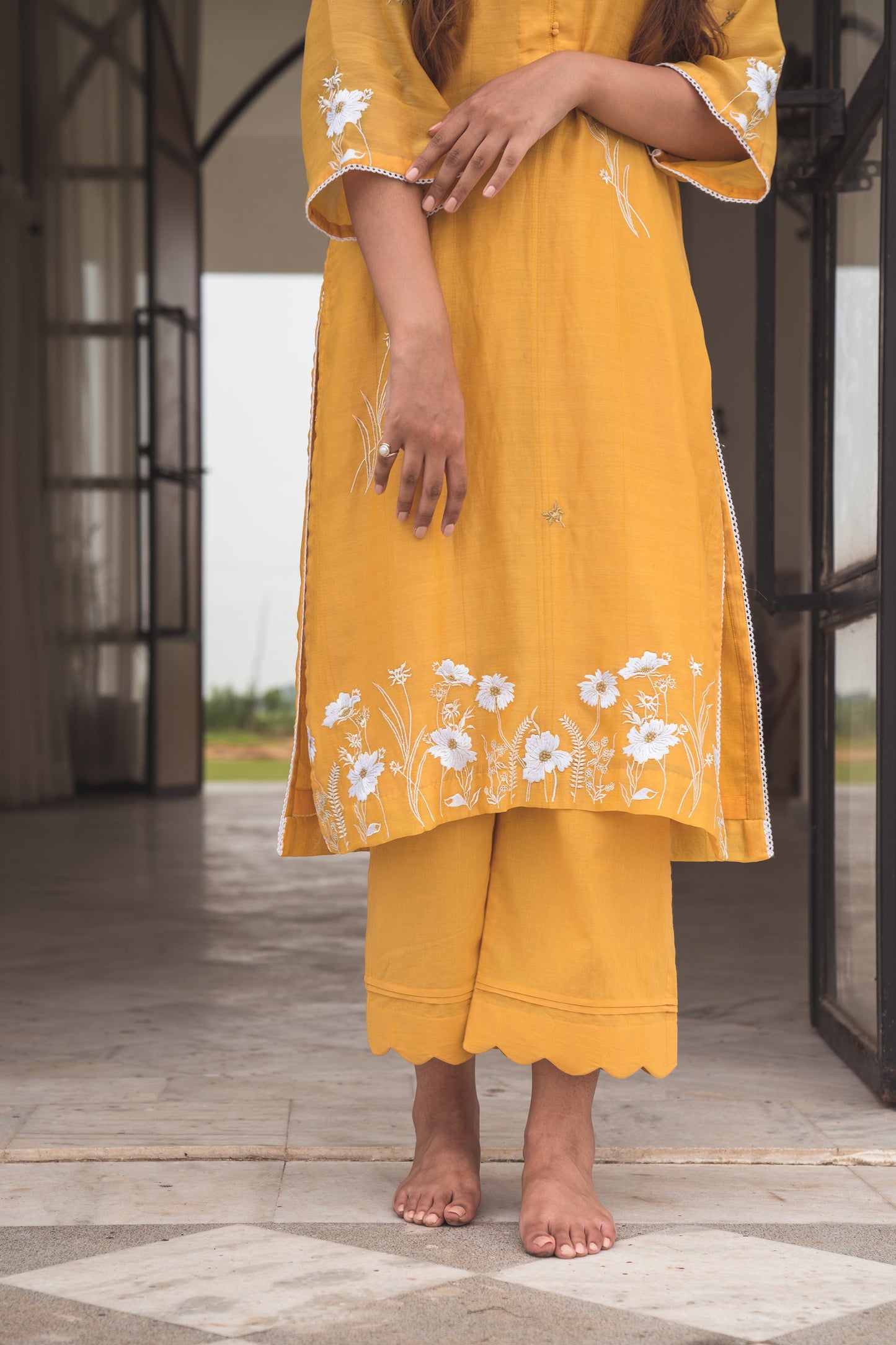 Yellow Chanderi Kurta Set with White and Gold Embroidery