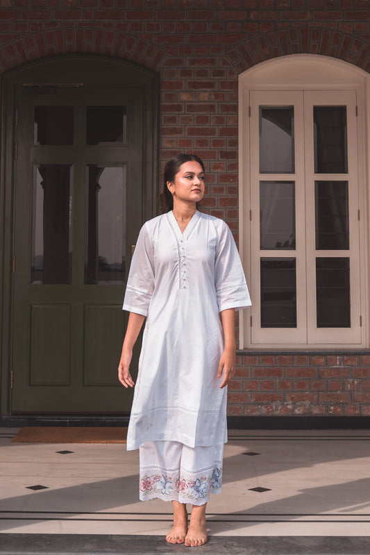 White Kurta Set with Floral Embroidered Pants