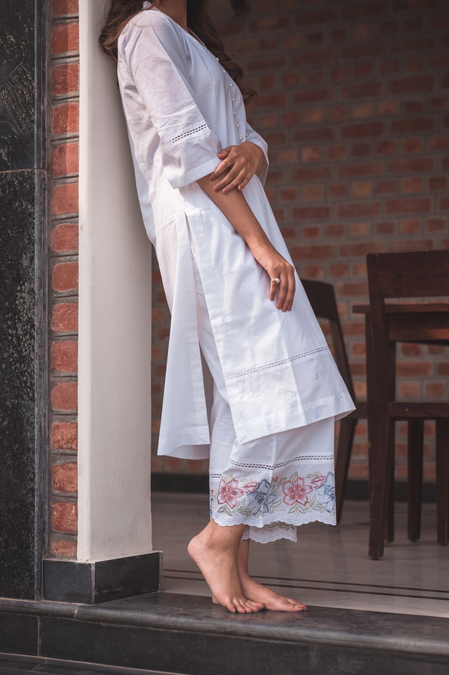 White Kurta Set with Floral Embroidered Pants