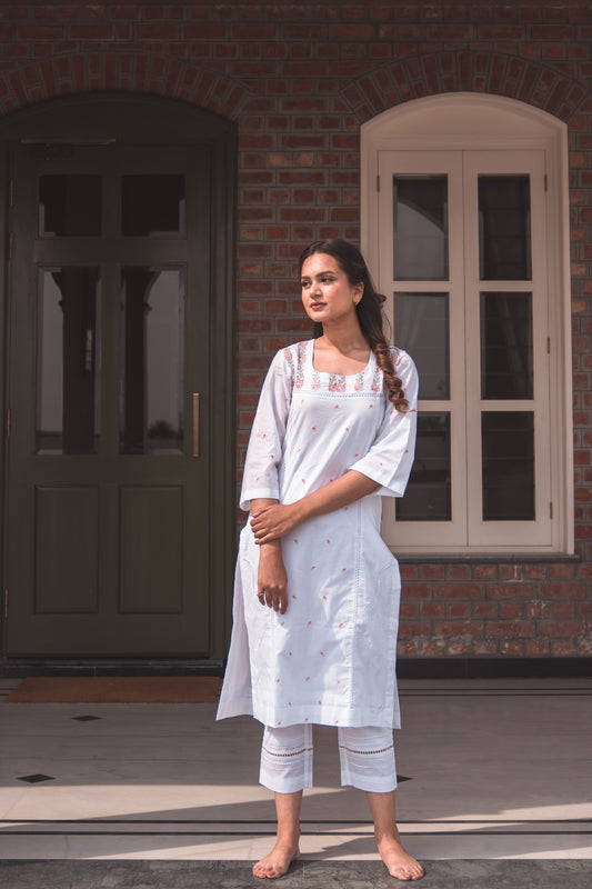 White Kurta Set with Orange Floral Embroidery