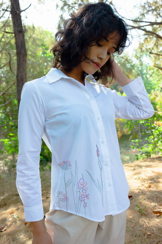 White Poplin Shirt with Embroidery