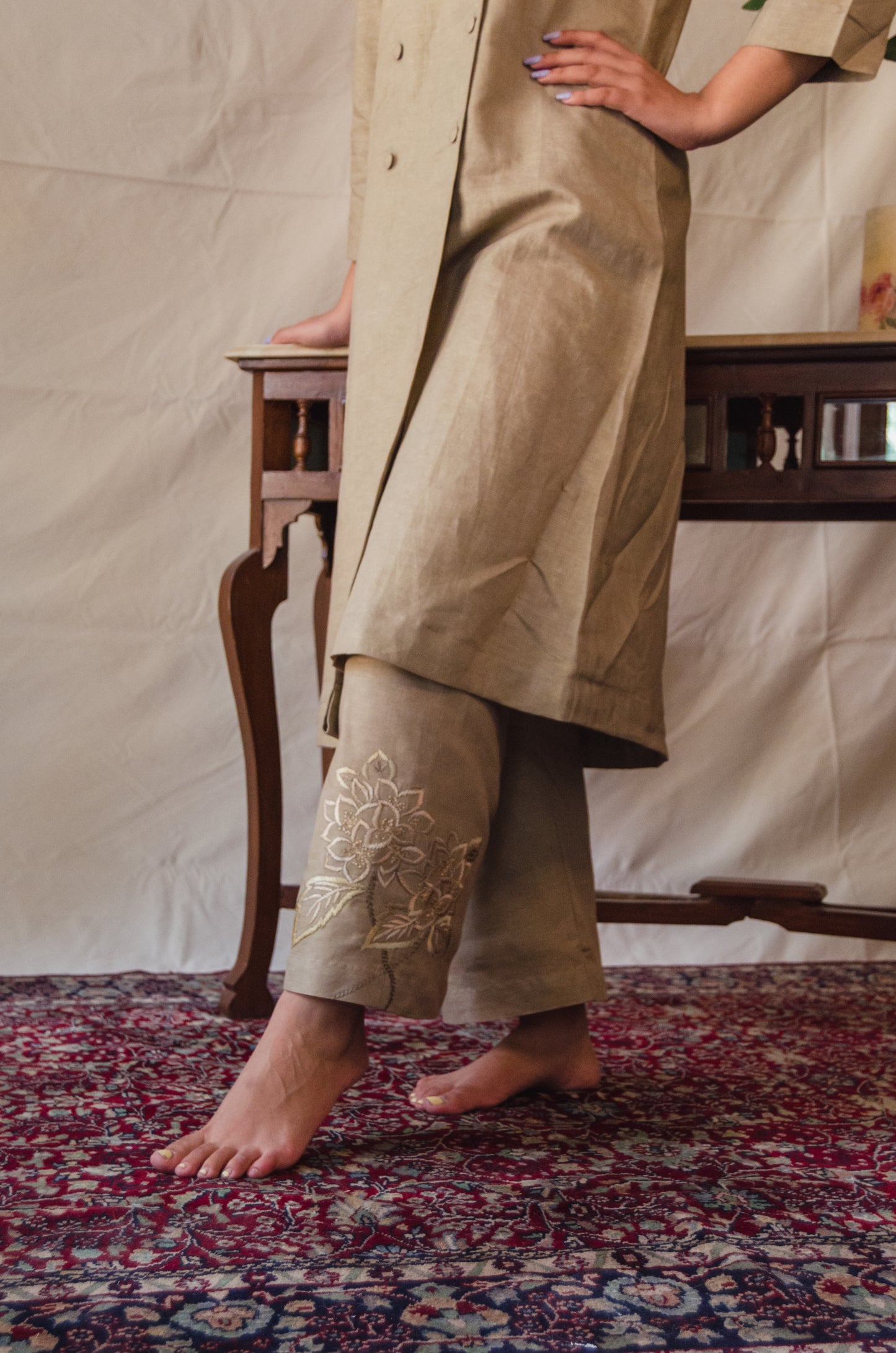 Khaki Double-Breasted Kurta Set with Embroidered Pants