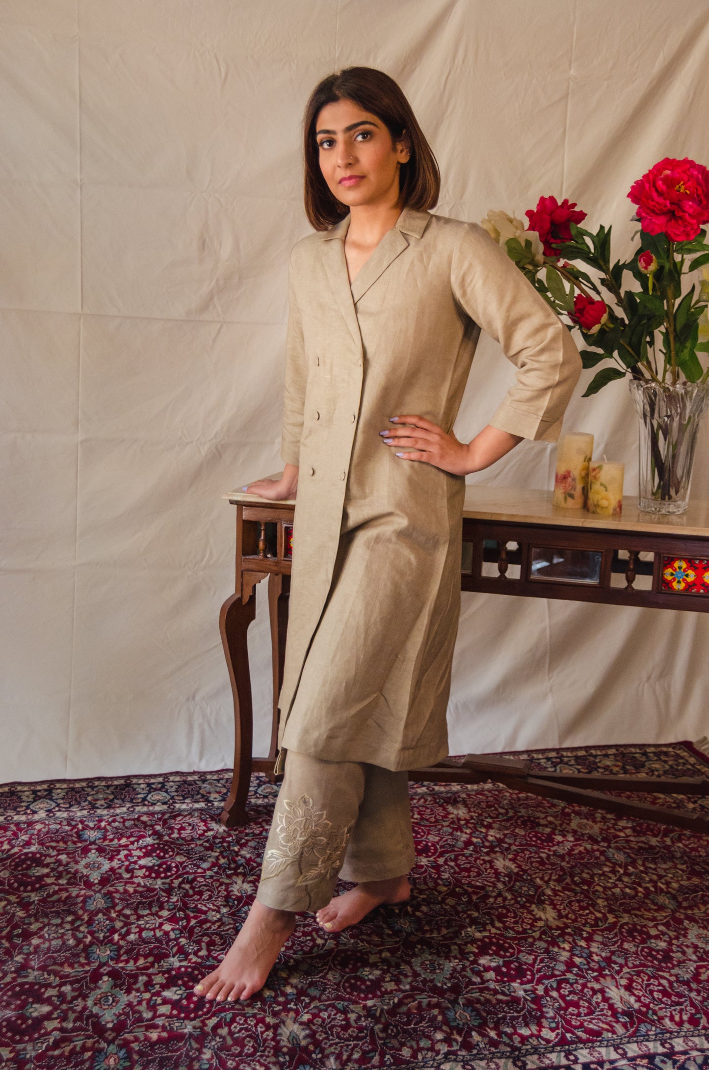 Khaki Double-Breasted Kurta Set with Embroidered Pants