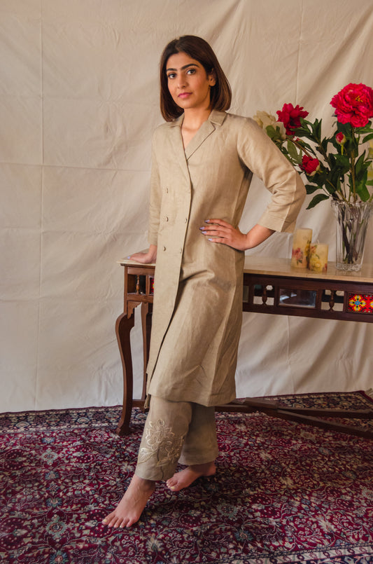 Khaki Double-Breasted Kurta Set with Embroidered Pants