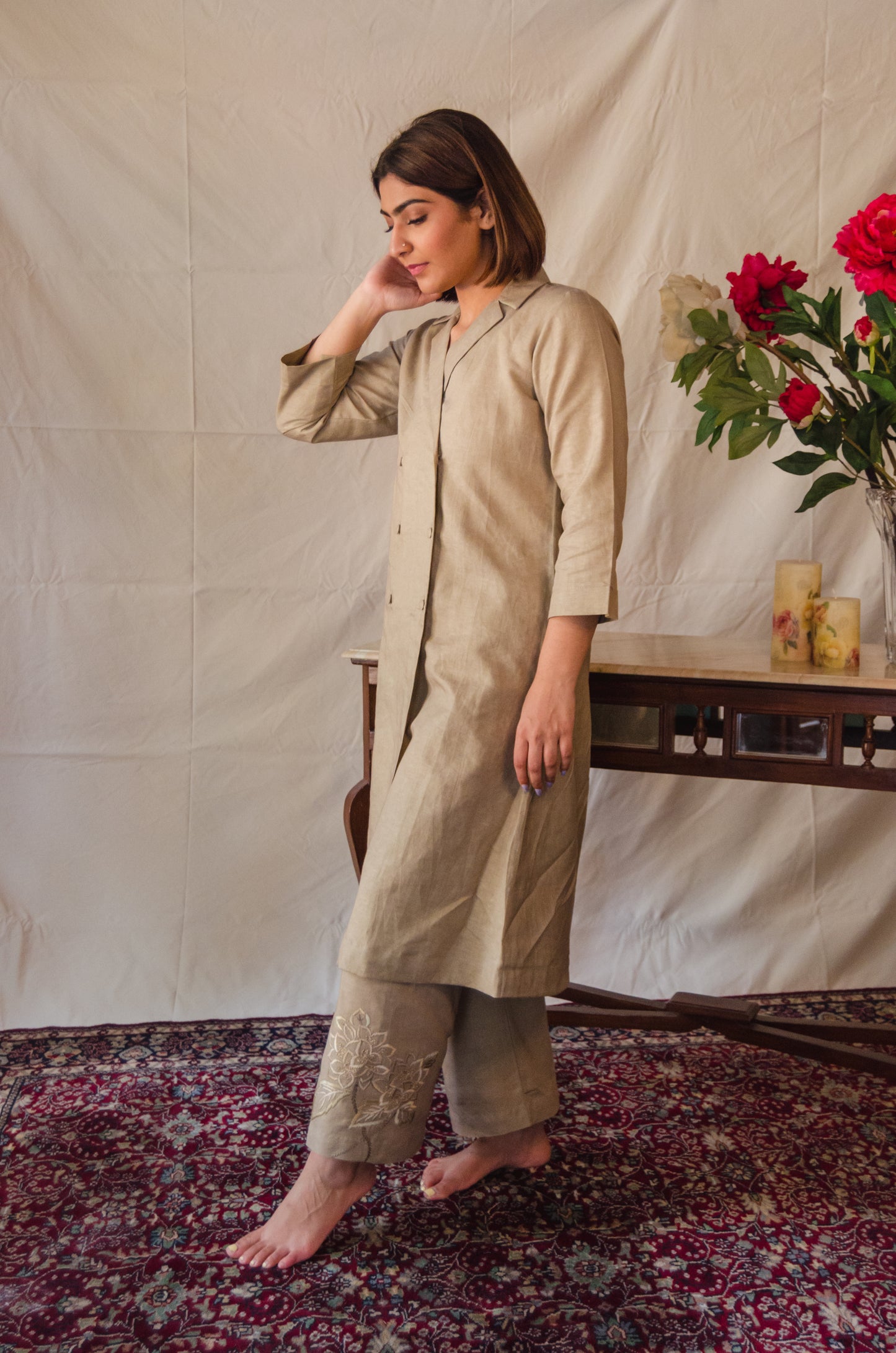 Khaki Double-Breasted Kurta Set with Embroidered Pants